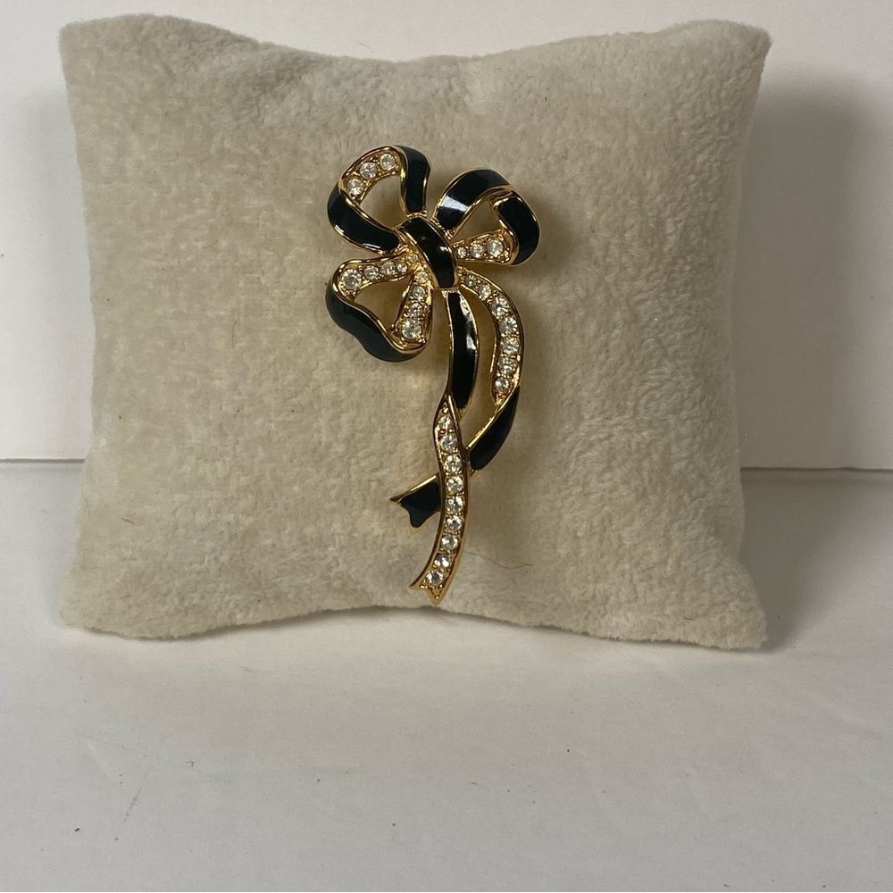 Vintage Bow Brooch Gold Tone W/Black Enamel and Rhinestones